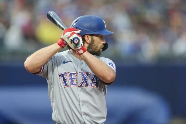 Charlie Culberson of the Texas Rangers at bat during the third inning against the Toronto Blue Jays at Sahlen Field on July 16, 2021 in Buffalo, New...