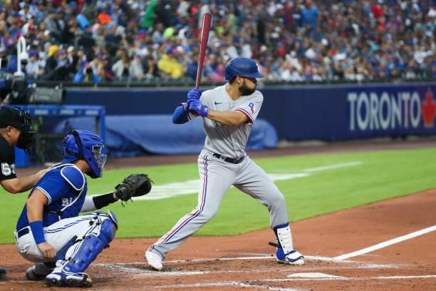 Isiah Kiner-Falefa of the Texas Rangers at bat during the third inning against the Toronto Blue Jays at Sahlen Field on July 16, 2021 in Buffalo, New...