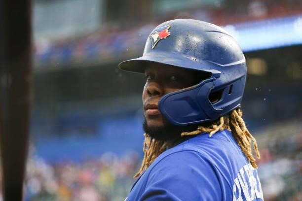 Vladimir Guerrero Jr. #27 of the Toronto Blue Jays on deck during the third inning against the Texas Rangers at Sahlen Field on July 16, 2021 in...