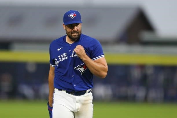 Robbie Ray of the Toronto Blue Jays walks off the mound at the end of the fourth inning against the Texas Rangers at Sahlen Field on July 16, 2021 in...