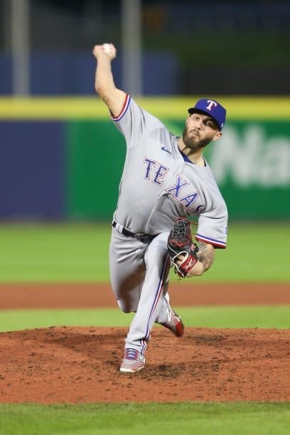 Joe Barlow of the Texas Rangers throws a pitch during the fifth inning against the Toronto Blue Jays at Sahlen Field on July 16, 2021 in Buffalo, New...