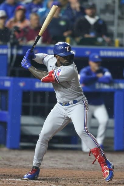 Adolis Garcia of the Texas Rangers at bat during the sixth inning against the Toronto Blue Jays at Sahlen Field on July 16, 2021 in Buffalo, New York.