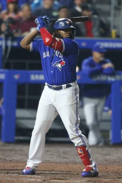Vladimir Guerrero Jr. #27 of the Toronto Blue Jays at bat during the sixth inning against the Texas Rangers at Sahlen Field on July 16, 2021 in...