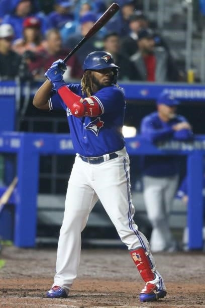 Vladimir Guerrero Jr. #27 of the Toronto Blue Jays at bat during the sixth inning against the Texas Rangers at Sahlen Field on July 16, 2021 in...