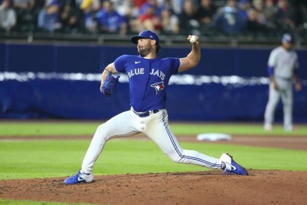 Robbie Ray of the Toronto Blue Jays throws a pitch during the seventh inning against the Texas Rangers at Sahlen Field on July 16, 2021 in Buffalo,...