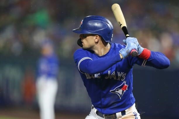 Cavan Biggio of the Toronto Blue Jays at bat during the seventh inning against the Texas Rangers at Sahlen Field on July 16, 2021 in Buffalo, New...