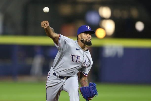 Dennis Santana of the Texas Rangers throws a pitch during the seventh inning against the Toronto Blue Jays at Sahlen Field on July 16, 2021 in...