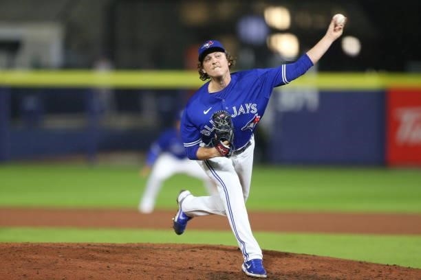 Ryan Borucki of the Toronto Blue Jays throws a pitch during the eighth inning against the Texas Rangers at Sahlen Field on July 16, 2021 in Buffalo,...