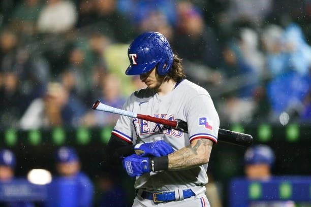 Jonah Heim of the Texas Rangers gets ready for an at bat during the eighth inning against the Toronto Blue Jays at Sahlen Field on July 16, 2021 in...