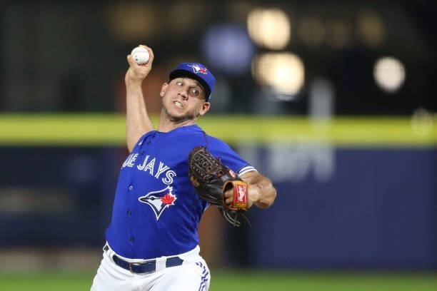 Jacob Barnes of the Toronto Blue Jays throws a pitch during the ninth inning against the Texas Rangers at Sahlen Field on July 16, 2021 in Buffalo,...