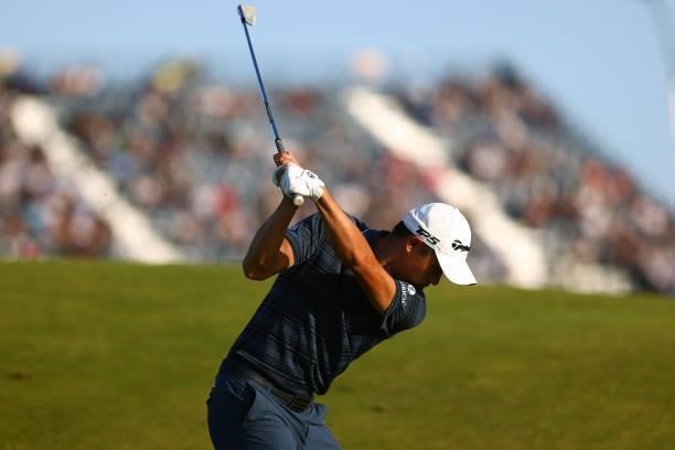 Collin Morikawa of United States plays his second shot on the 7th hole during Day Three of The 149th Open at Royal St George’s Golf Club on July 17,...