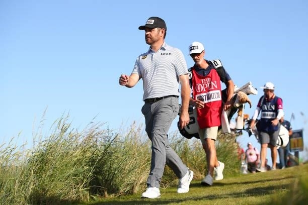 Louis Oosthuizen of South Africa walks off the 11th tee during Day Three of The 149th Open at Royal St George’s Golf Club on July 17, 2021 in...