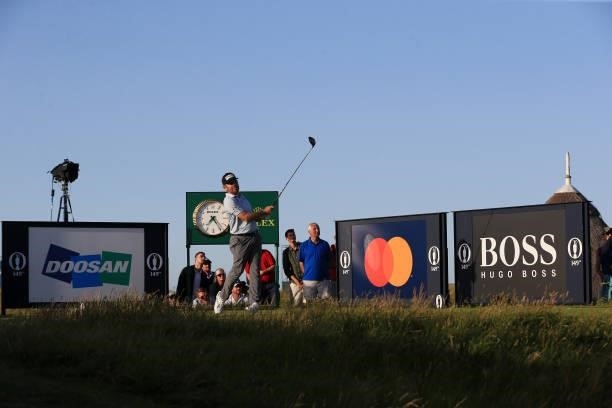 Louis Oosthuizen of South Africa tees off during Day Three of The 149th Open at Royal St George’s Golf Club on July 17, 2021 in Sandwich, England.