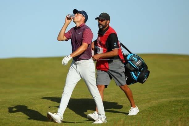 Jordan Spieth of United States takes a drink during Day Three of The 149th Open at Royal St George’s Golf Club on July 17, 2021 in Sandwich, England.
