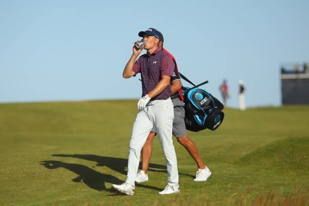 Jordan Spieth of United States takes a drink during Day Three of The 149th Open at Royal St George’s Golf Club on July 17, 2021 in Sandwich, England.