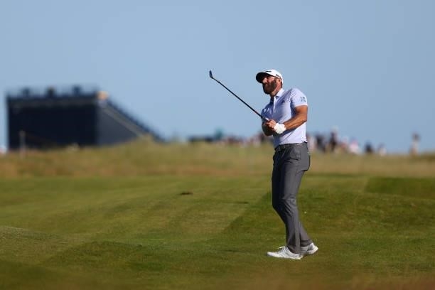 Dustin Johnson of The United States plays a shot on the 12th hole during Day Three of The 149th Open at Royal St George’s Golf Club on July 17, 2021...