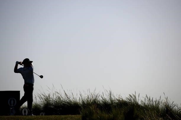 Louis Oosthuizen of South Africa plays his shot from the ninth tee during Day Three of The 149th Open at Royal St George’s Golf Club on July 17, 2021...