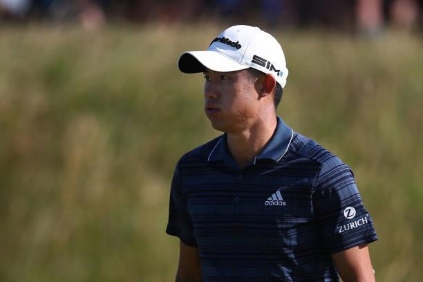 Collin Morikawa of the United States reacts on the ninth green during Day Three of The 149th Open at Royal St George’s Golf Club on July 17, 2021 in...