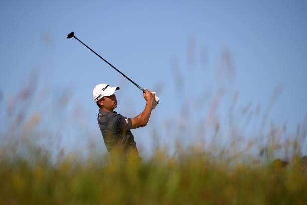 Collin Morikawa of the United States plays his shot from the eighth tee during Day Three of The 149th Open at Royal St George’s Golf Club on July 17,...