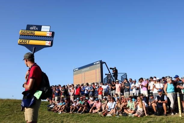Walking scoreboard carrier is seen during Day Three of The 149th Open at Royal St George’s Golf Club on July 17, 2021 in Sandwich, England.
