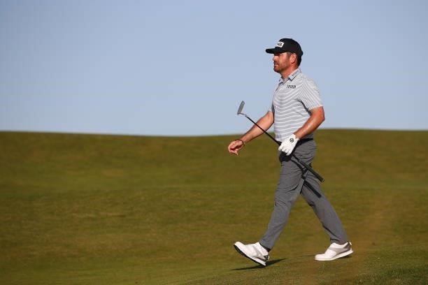 Louis Oosthuizen of South Africa walks a green during Day Three of The 149th Open at Royal St George’s Golf Club on July 17, 2021 in Sandwich,...