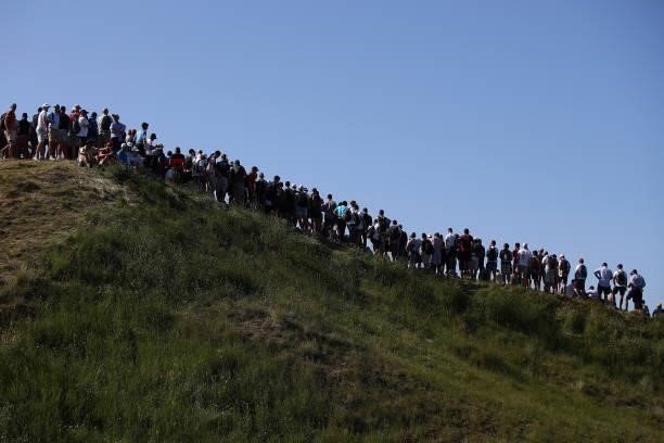 General view of fans on a hill are seen during Day Three of The 149th Open at Royal St George’s Golf Club on July 17, 2021 in Sandwich, England.