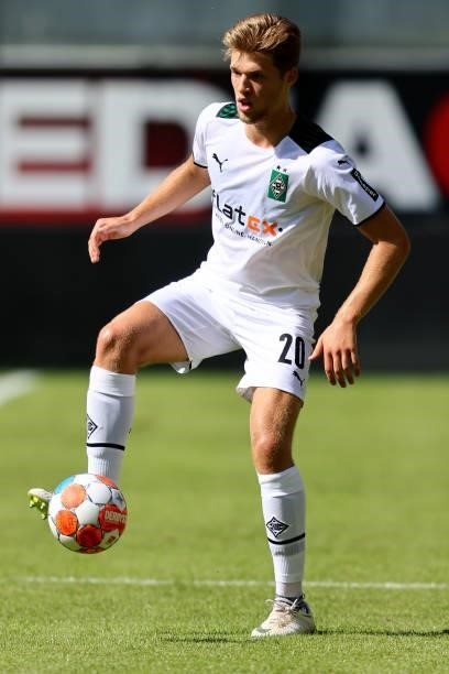 Luca Stellwagen of Verl runs with the ball during the pre-season match between SC Paderborn and Borussia Moenchengladbach at Benteler Arena on July...