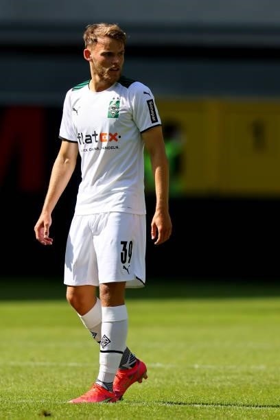 Mika Schroers of Moenchengladbach looks on during the pre-season match between SC Paderborn and Borussia Moenchengladbach at Benteler Arena on July...