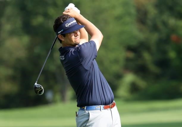 Beau Hossler plays his shot on the 11th hole during the third round of the Barbasol Championship at Keene Trace Golf Club on July 17, 2021 in...