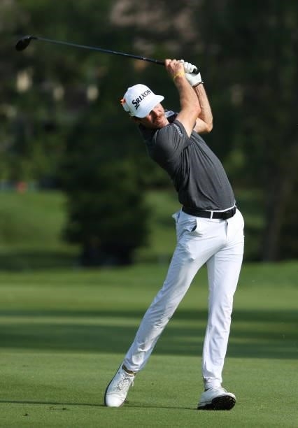 Sam Ryder plays his second shot on the 11th hole during the third round of the Barbasol Championship at Keene Trace Golf Club on July 17, 2021 in...