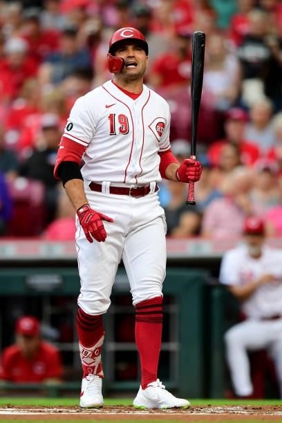 Joey Votto of the Cincinnati Reds reacts during a game between the Milwaukee Brewers and Cincinnati Reds at Great American Ball Park on July 16, 2021...