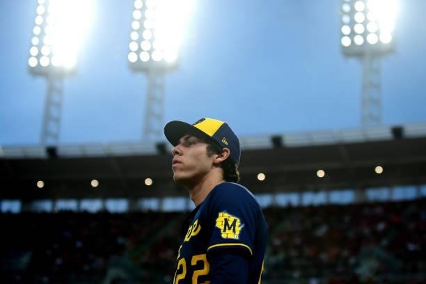 Christian Yelich of the Milwaukee Brewers looks on during a game between the Milwaukee Brewers and Cincinnati Reds at Great American Ball Park on...