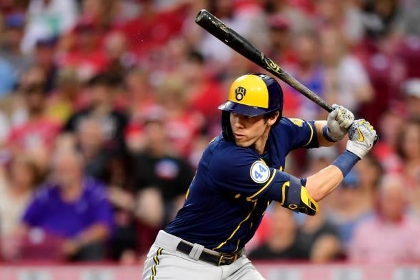 Christian Yelich of the Milwaukee Brewers at-bat during a game between the Milwaukee Brewers and Cincinnati Reds at Great American Ball Park on July...