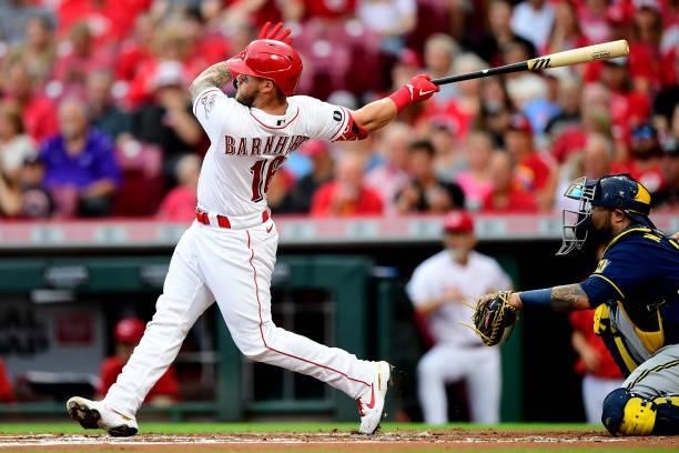 Tucker Barnhart of the Cincinnati Reds at-bat during a game between the Milwaukee Brewers and Cincinnati Reds at Great American Ball Park on July 16,...