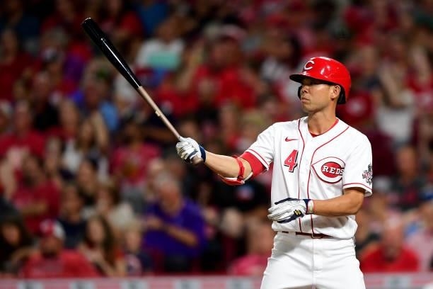 Shogo Akiyama of the Cincinnati Reds at-bat during a game between the Milwaukee Brewers and Cincinnati Reds at Great American Ball Park on July 16,...