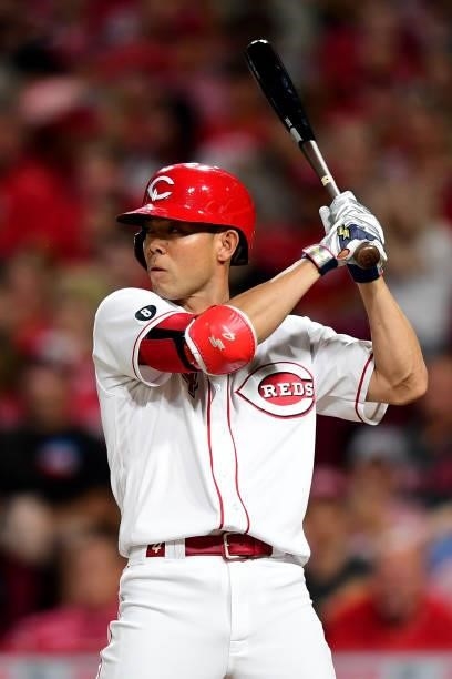Shogo Akiyama of the Cincinnati Reds at-bat during a game between the Milwaukee Brewers and Cincinnati Reds at Great American Ball Park on July 16,...