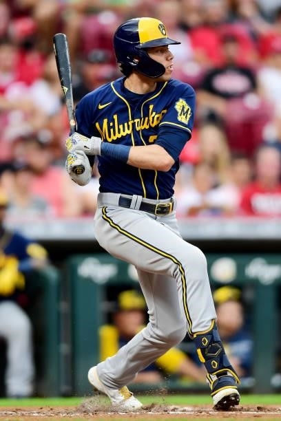 Christian Yelich of the Milwaukee Brewers at-bat during a game between the Milwaukee Brewers and Cincinnati Reds at Great American Ball Park on July...