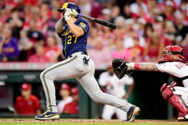 Willy Adames of the Milwaukee Brewers at-bat during a game between the Milwaukee Brewers and Cincinnati Reds at Great American Ball Park on July 16,...