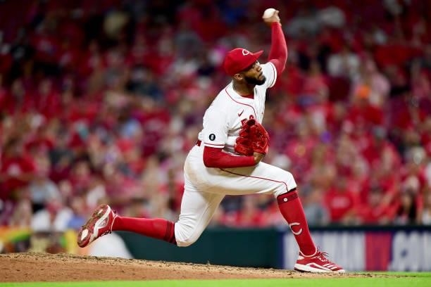 Amir Garrett of the Cincinnati Reds pitches during a game between the Milwaukee Brewers and Cincinnati Reds at Great American Ball Park on July 16,...