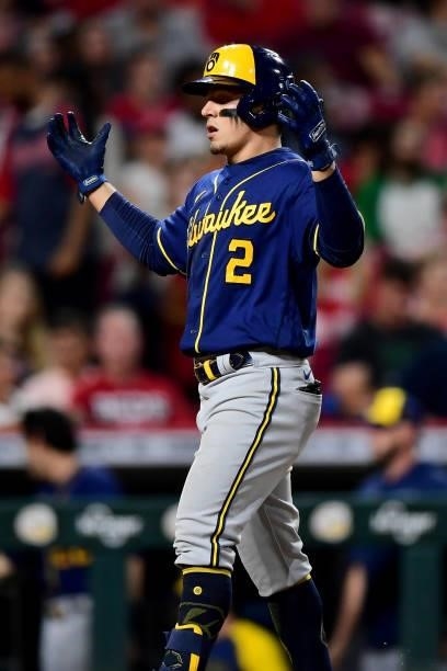 Luis Urias of the Milwaukee Brewers celebrates during a game between the Milwaukee Brewers and Cincinnati Reds at Great American Ball Park on July...