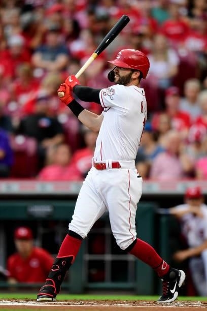 Tyler Naquin of the Cincinnati Reds at-bat during a game between the Milwaukee Brewers and Cincinnati Reds at Great American Ball Park on July 16,...