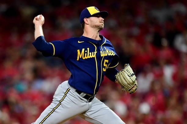 Jake Cousins of the Milwaukee Brewers pitches during a game between the Milwaukee Brewers and Cincinnati Reds at Great American Ball Park on July 16,...