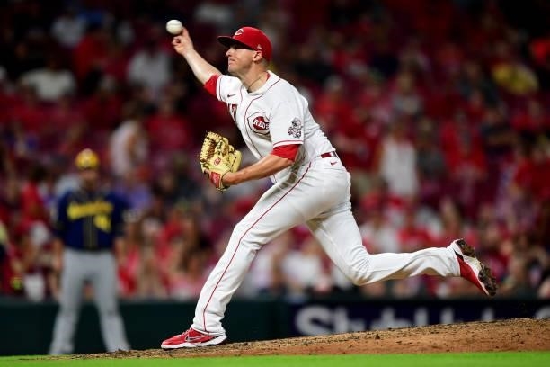 Brad Brach of the Cincinnati Reds pitches during a game between the Milwaukee Brewers and Cincinnati Reds at Great American Ball Park on July 16,...