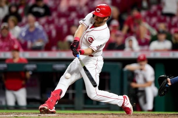 Mike Freeman of the Cincinnati Reds at-bat during a game between the Milwaukee Brewers and Cincinnati Reds at Great American Ball Park on July 16,...