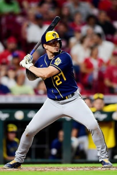 Willy Adames of the Milwaukee Brewers at-bat during a game between the Milwaukee Brewers and Cincinnati Reds at Great American Ball Park on July 16,...
