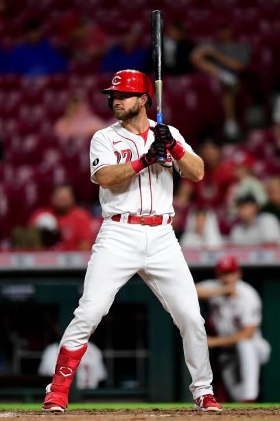 Mike Freeman of the Cincinnati Reds at-bat during a game between the Milwaukee Brewers and Cincinnati Reds at Great American Ball Park on July 16,...