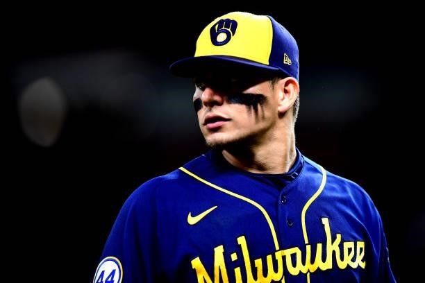 Luis Urias of the Milwaukee Brewers looks on during a game between the Milwaukee Brewers and Cincinnati Reds at Great American Ball Park on July 16,...