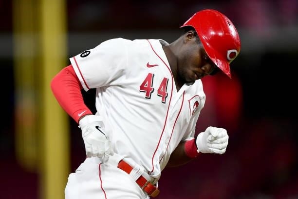 Aristides Aquino of the Cincinnati Reds runs the bases during a game between the Milwaukee Brewers and Cincinnati Reds at Great American Ball Park on...