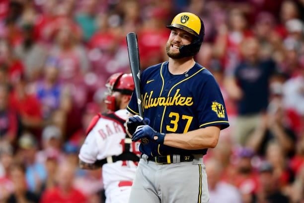 Adrian Houser of the Milwaukee Brewers reacts during a game between the Milwaukee Brewers and Cincinnati Reds at Great American Ball Park on July 16,...