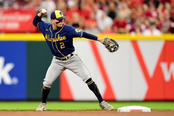 Luis Urias of the Milwaukee Brewers throws to first base during a game between the Milwaukee Brewers and Cincinnati Reds at Great American Ball Park...